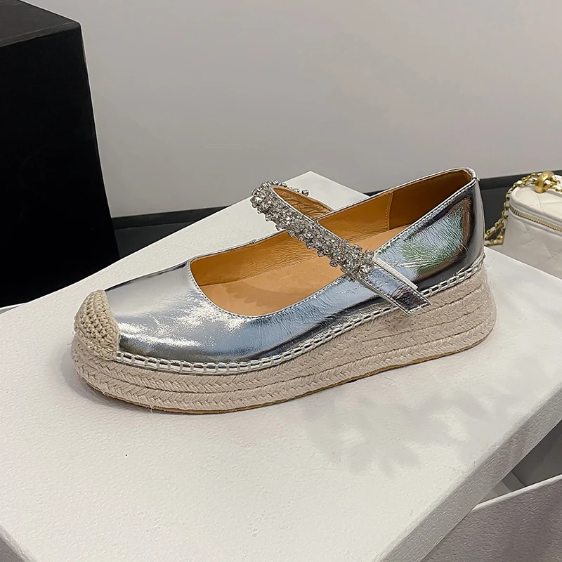 

Heihaian Single Shoe 2023 Summer New Elegant Commuter Shoes Rhinestones Decorated Round Toe Wedge Mary Jane Shoes Women
