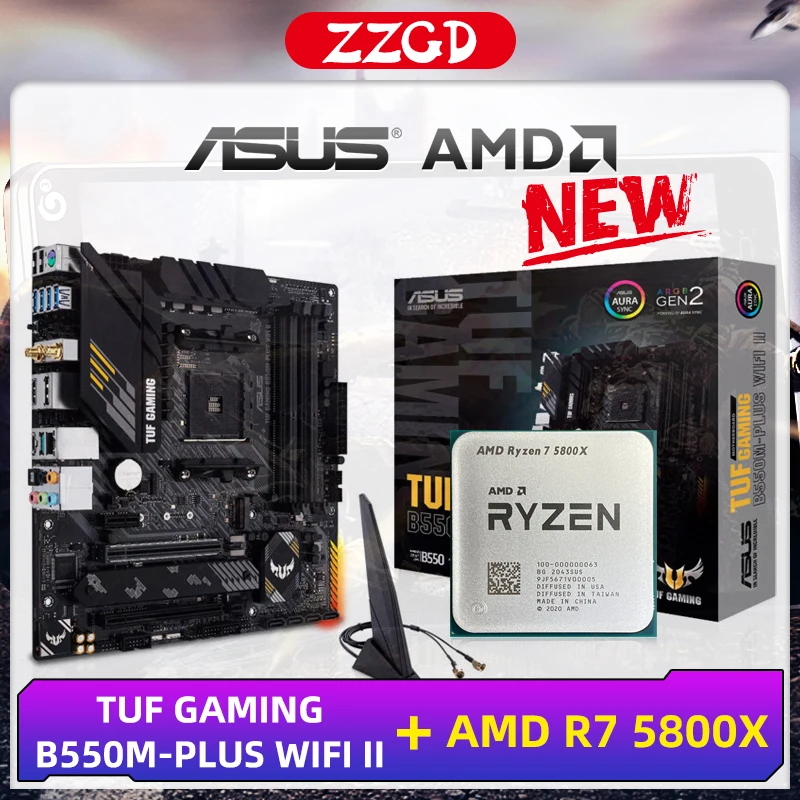 Amd novo ryzen 7 5800x r7 5800x cpu + asus tuf gaming b550m plus (wi-fi) ii conjunto placa-mãe soquete am4 ddr4 processador placa-mãe