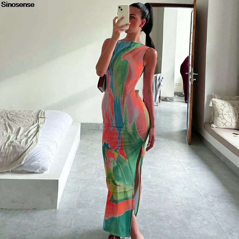 Женское летнее облегающее платье с принтом тай-дай без рукавов круглым вырезом и