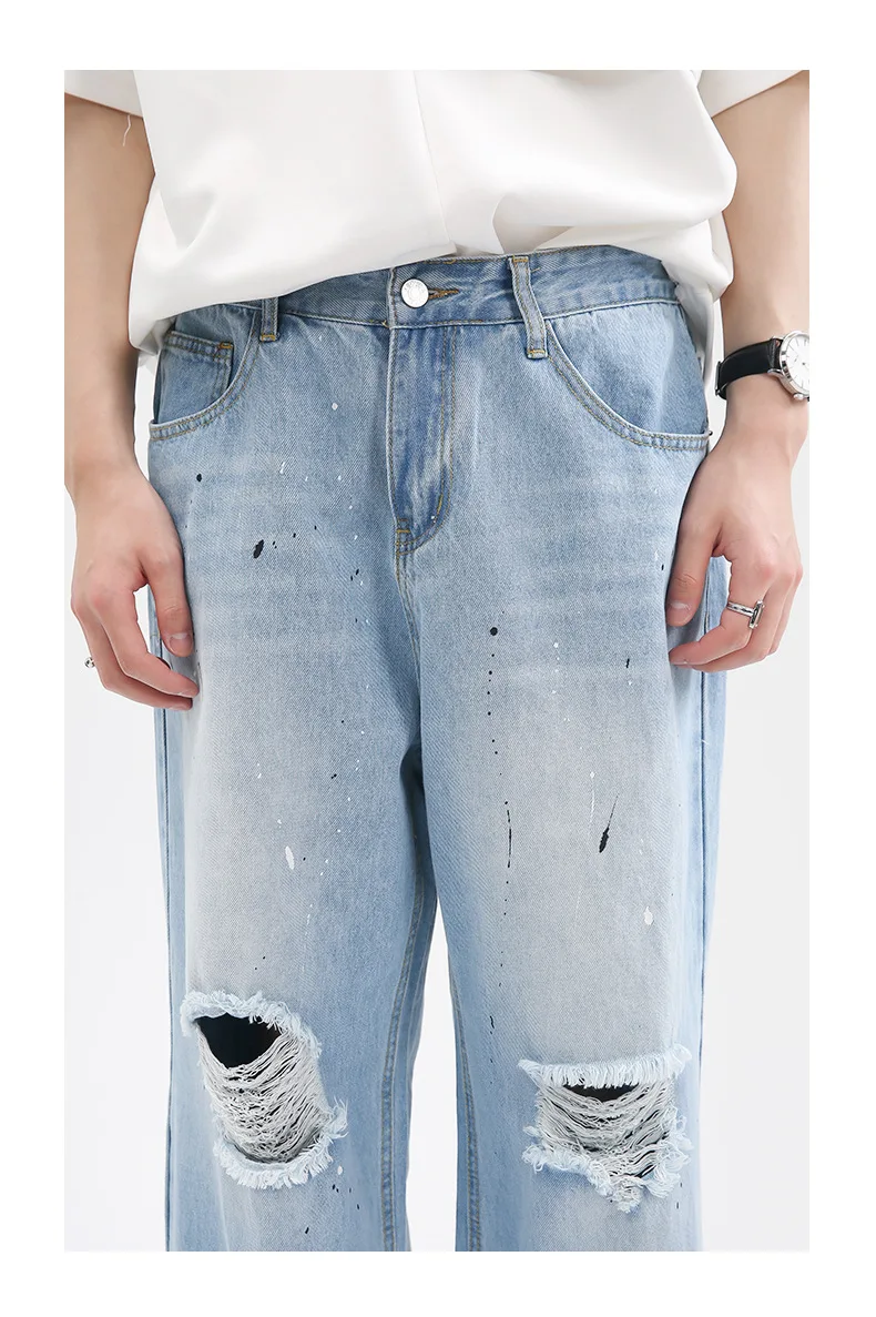 Four Seasons Men Korean Version Splashed Ink Straight Hole Casual Loose Men's Jeans Hip Hop Streetwear Jeans Denim Men Clothing