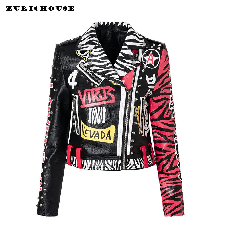 

Heavy Punk Rivet Leather Coat Women's Short Fashion Designer Letter Graffiti Print Streetwear Motorcycle Faux Leather Jacket