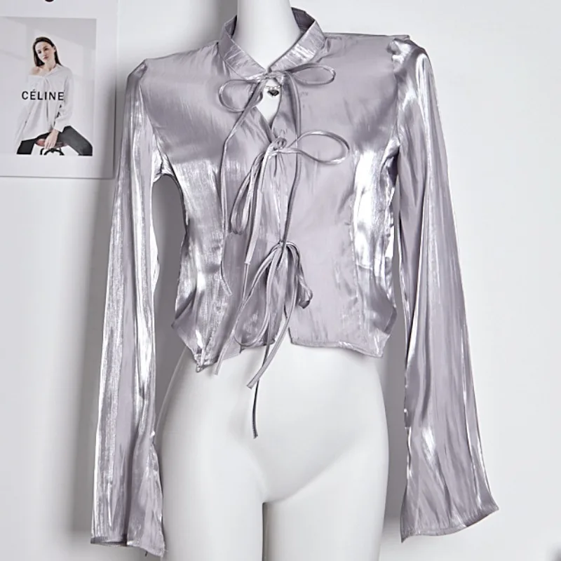 

2023 короткие рубашки для женщин, шелковые блузки с длинным рукавом, женские повседневные модные тонкие бандажные Женские топы с бантом на лето и весну
