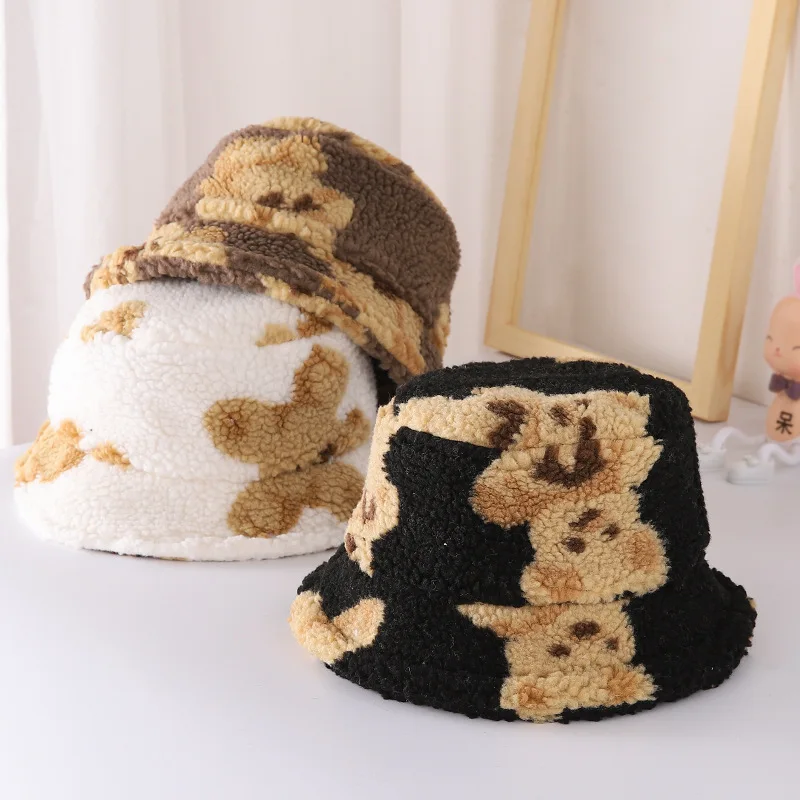 

Children Baby Lamb Wool Fisherman Hat Bear thickening Cashmere Basin Kids Winter Caps