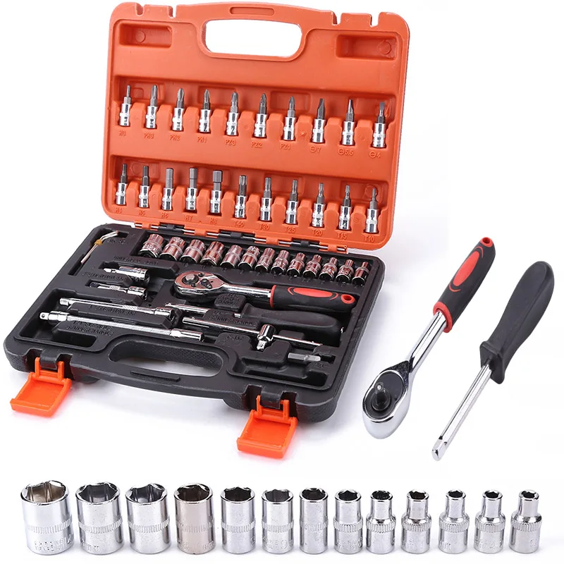 

46pcs Socket Wrench Set Screwdriver Socket 1/4 CR-V Drive Ratchet Wrench Spanner for Bicycle Motorcycle Car Repairing Tools