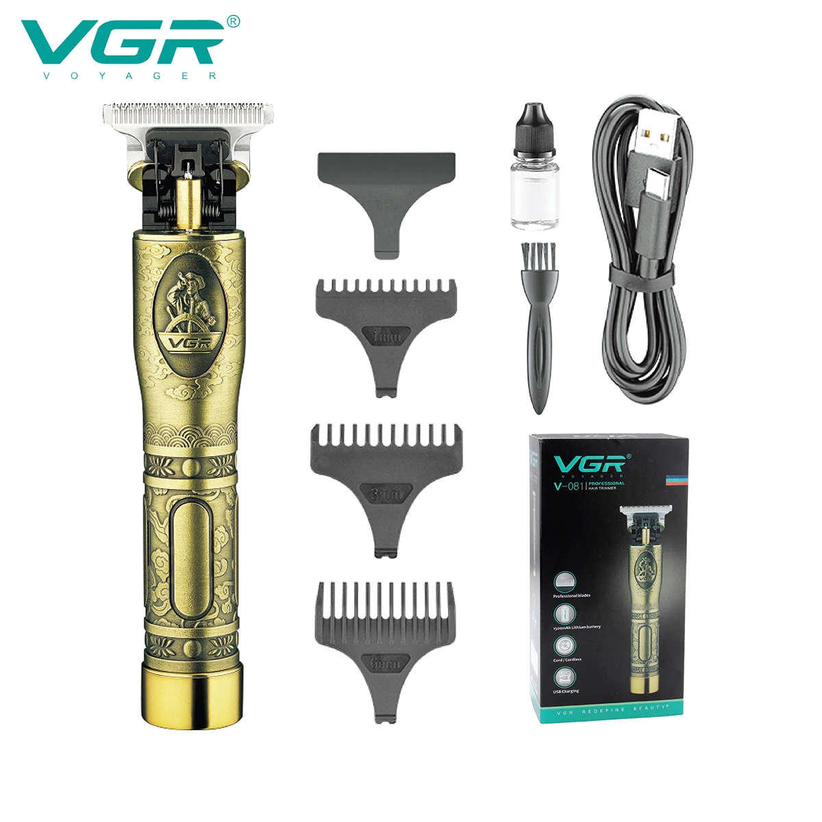 

VGR New Oil Scissors Metal Carving Design Zero Clearance Blade Men Professional Electric Cordless Hair Clipper V-081