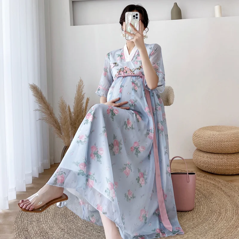 Korean Fashion Floral Printed Maternity Long Dress Vintage A Line Slim Loose Clothes for Pregnant Women Pregnancy Clothing
