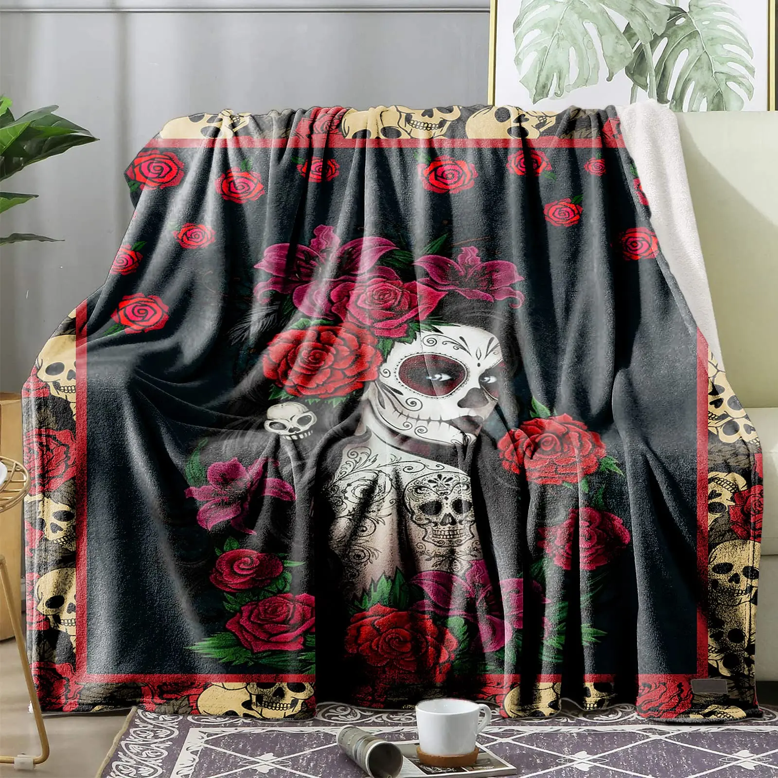 

Sugar Skull Girl Blanket Rose Flowers Flannel Throw Blankets Soft Cozy Warm Bedding Shawl for Bed Sofa Lightweight Plush Sheet