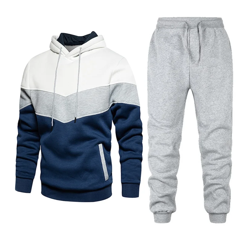 Fashion autumn and winter men's sports color blocking sports suit two casual tops and two hooded sweaters