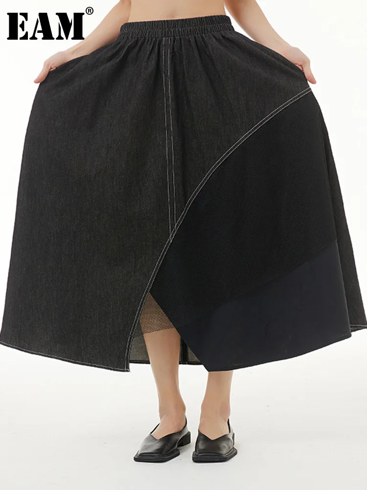 

[EAM] High Elastic Waist Black Mesh Irregular Denim Mesh Casual Half-body Skirt Women Fashion New Spring Autumn 2022 1DE7611