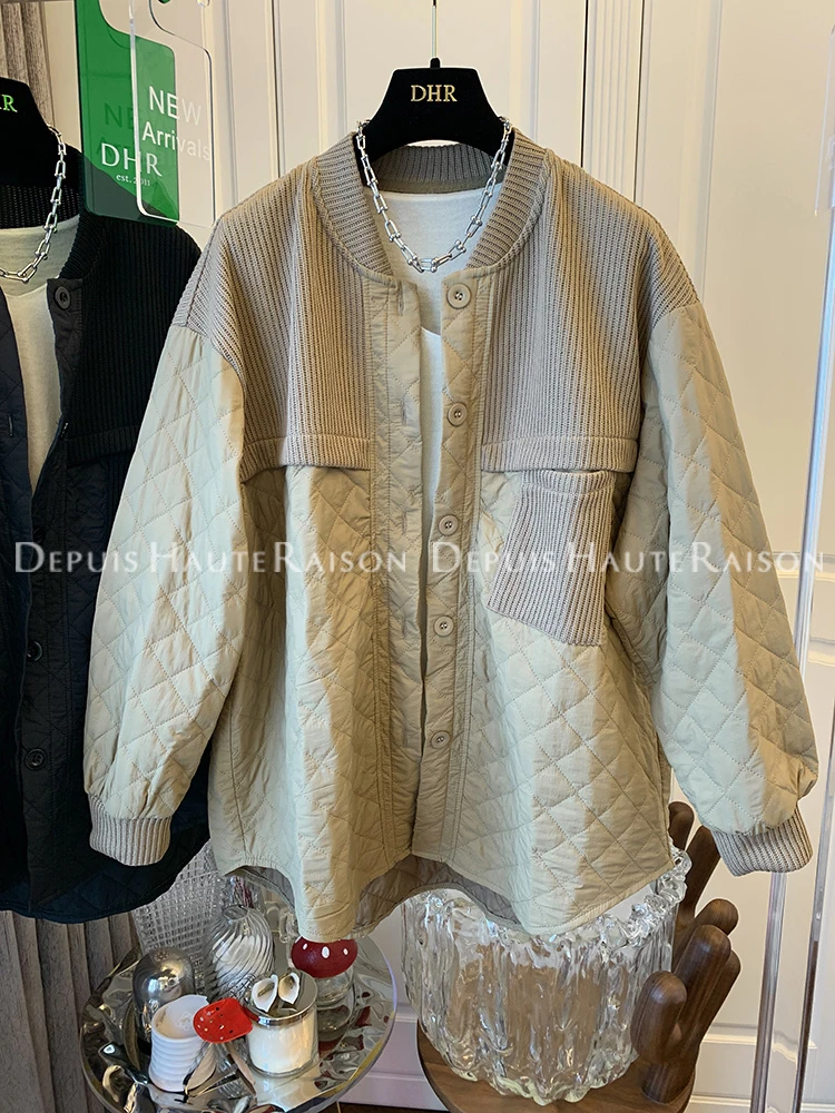 

Винтажный пуховик в стиле пэчворк, вязаный дизайнерский женский зимний Новый пуховик, пальто оверсайз с хлопковой подкладкой, однотонная ж...