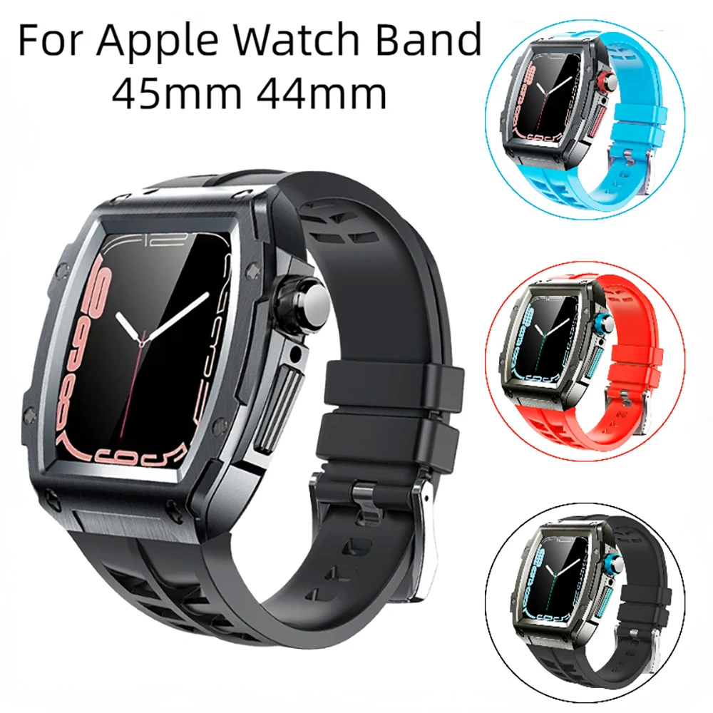 Retrofit Kit Strap for Apple Watch Band 45mm 44mm Rubber Strap + Stainless Steel Mod Kit Protective Cover for iWatch 8 7 6 5 4SE