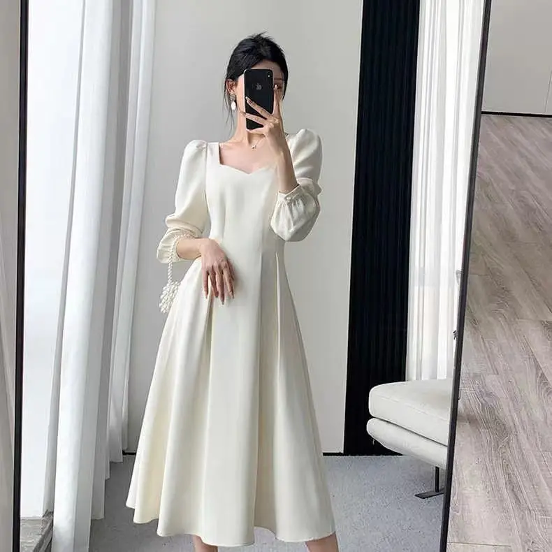 

Платье женское средней длины с длинным рукавом, элегантное белое модное платье во французском винтажном стиле, одежда для работы, осень 2022