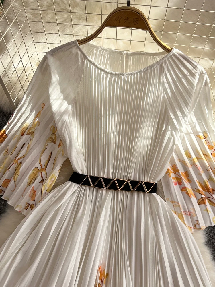 Женское плиссированное платье Летнее Длинное с полурукавами и круглым вырезом