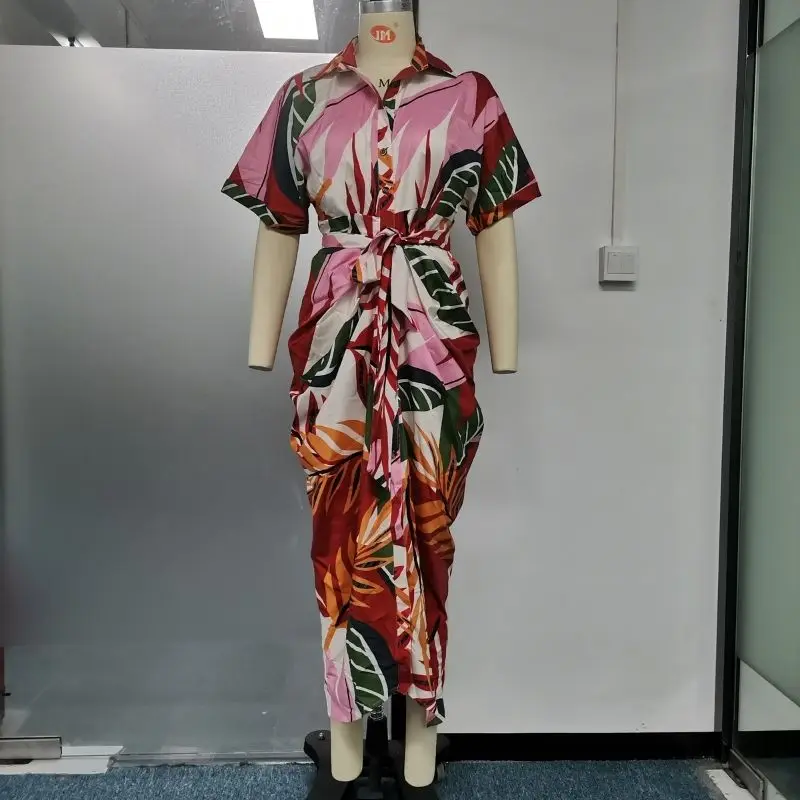 Женское миди-платье Wefads с отворотом принтом листьев коротким рукавом длинная