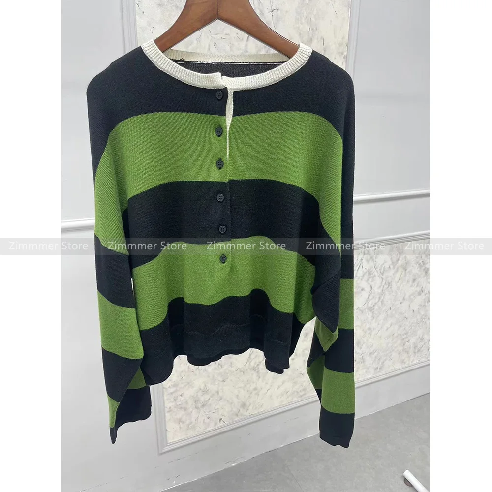 Модный женский 24 ранняя осень новый зеленый полосатый шерстяной пуловер на