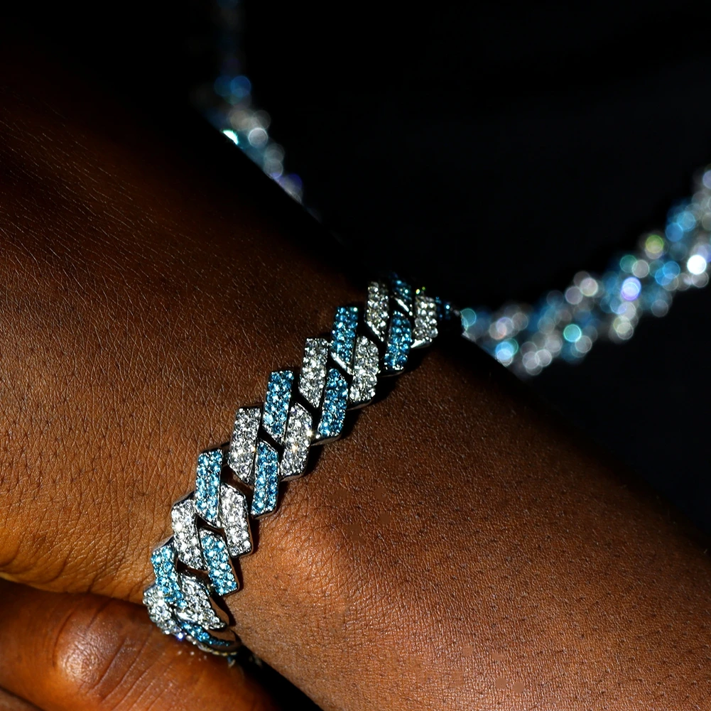 Fashion Iced Out Blue 2 Row Rhinestone Cuban Chain Bracelet for Women Men Bling Paved Prong Cuban Link Bracelets Hip Hop Jewelry