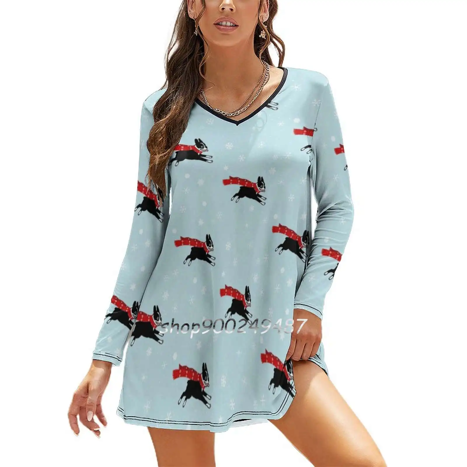 

Праздничное облегающее зимнее платье Бостон-терьер с шарфом и ажурной талией, осенне-зимние сексуальные платья Бостон с V-образным вырезом ...