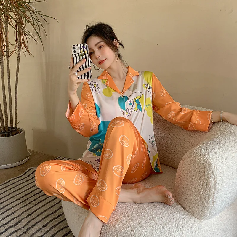 New pajamas women's imitation silk cute graffiti print fashion two-piece set pajamas for women