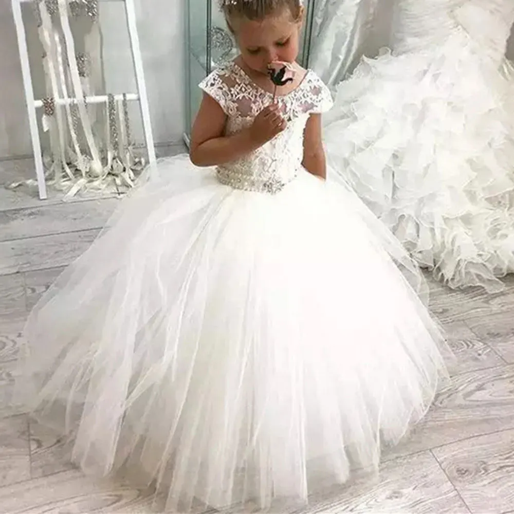 

Ivory Lace Flower GIrl Dresses Tulle Puffy Princess Dress Gril Satin Bow Net First Communion Dresses Little Girl Birthday Dress