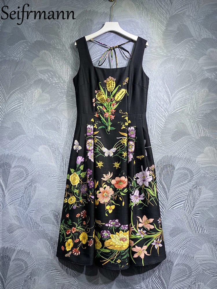 

Женское летнее платье-миди с цветочным принтом, без рукавов