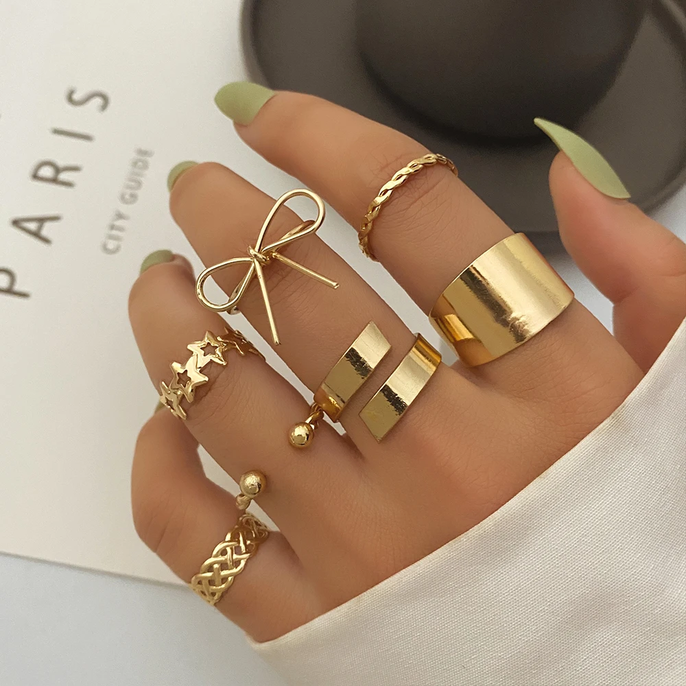 IPARAM Boho Gold Color Wide Knuckle Ring Set for Women Vintage Geometric Big Bow Knot Star Metal Finger Ring Trend Jewelry Gifts