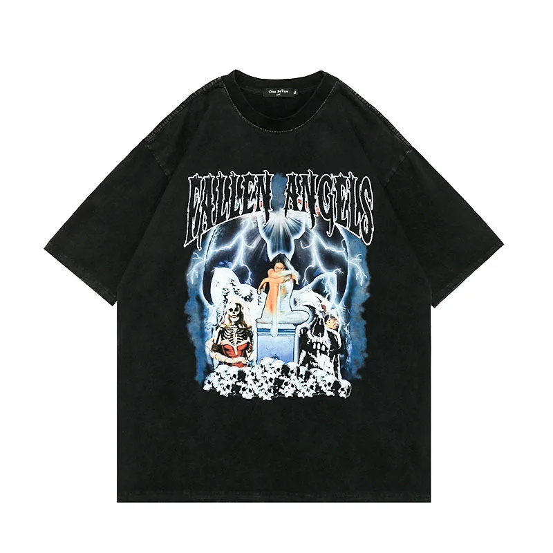 

Rap Vibe Style Skull Letter Print Oversized T-shirt Hip Hop Short Sleeve T-shirt Men Washed Old Punk Casual Oversize T-shirt New