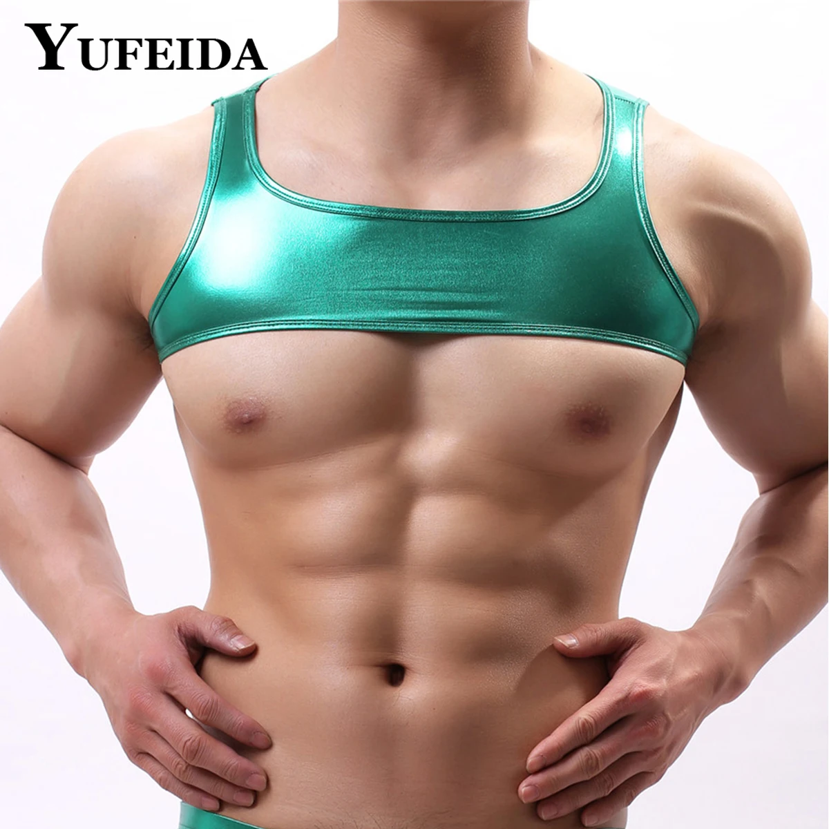 

YUFEIDA Men's Shoulder Strap Crop Top PU Leather Men Chest Harness Cropped Bodybuilding Muscle Tops Mens Stage Costume Gay Tanks