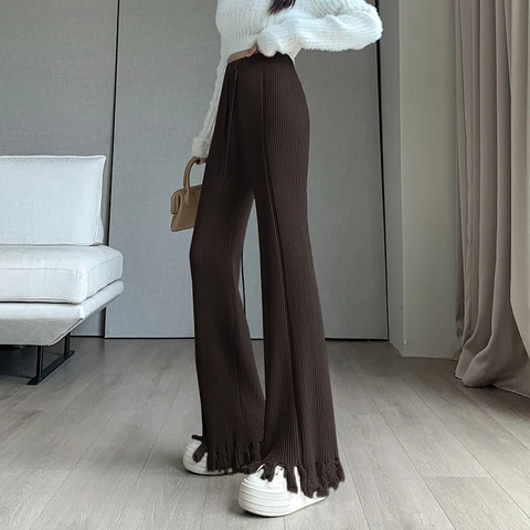Утолщенные белые трикотажные брюки с бахромой и широкими штанинами с вертикальными полосками, с завышенной талией и шнурком, повседневные женские брюки для пола