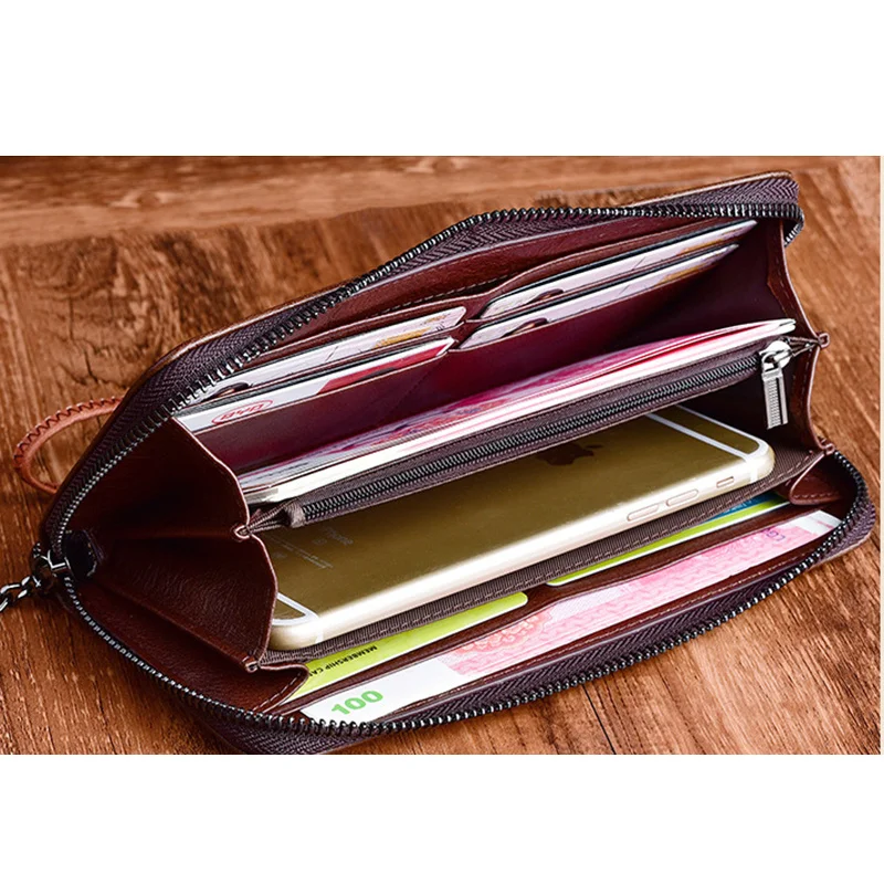 First Layer Cowhide Handy Bag Wrist Purse Multi-Cards Clutch Zipper Bags Female Embossed Retro Women Long Genuine Leather Wallet