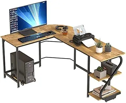 

L-образный стол с полками, Большой угловой компьютерный стол, игровой стол для дома, офиса, рабочая станция для письма, деревянный стол, Деревенский коричневый