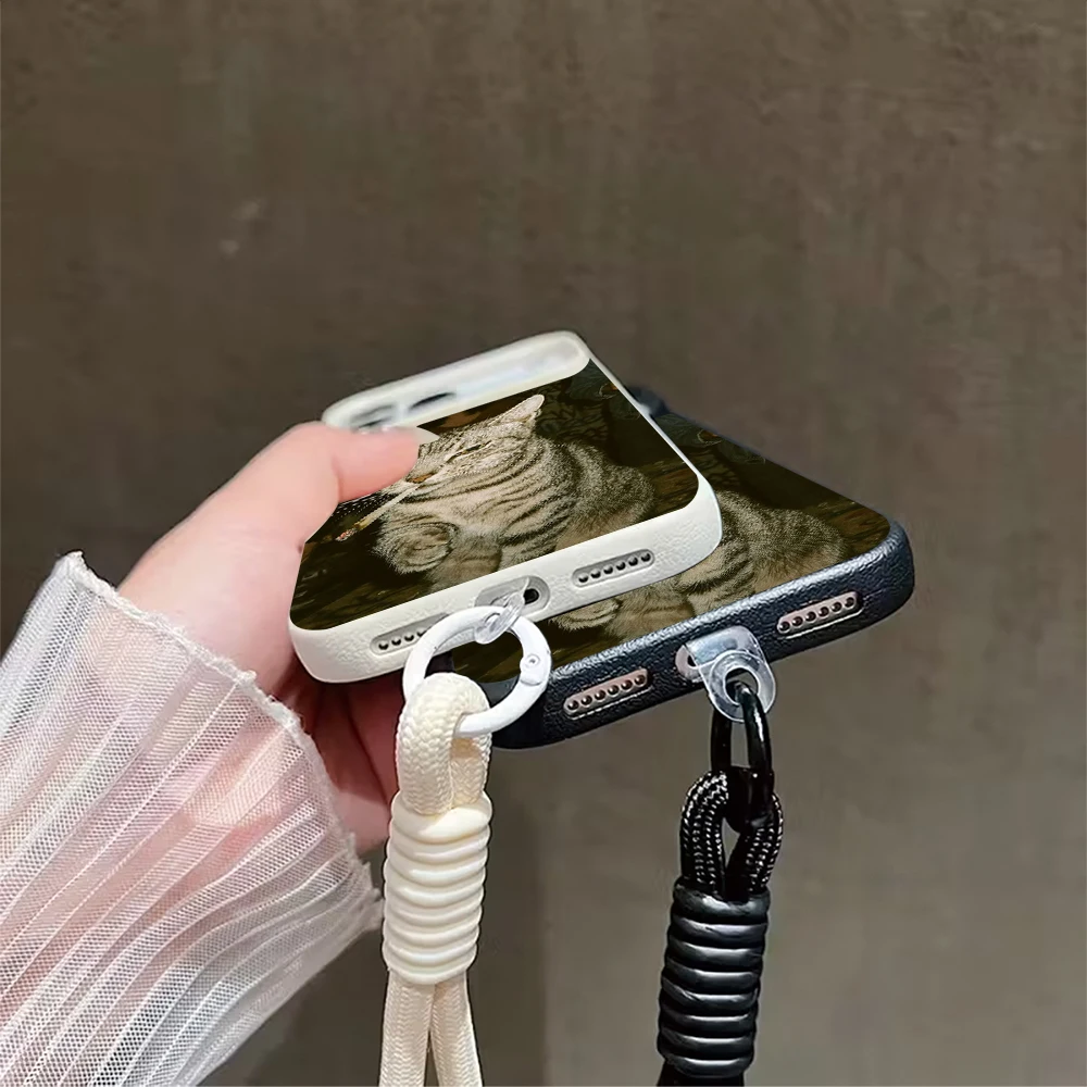 Чехол для телефона с ремешком и рисунком котенка для iPhone 17, 16, 15, 14, 13, 12, 11 Pro Max, 16, 15, 14 Plus, 17, 16, 15 Pro, 17 Air, силиконовый матовый чехол (art.: 3920dc09348f0) - 3920dc09348f0
