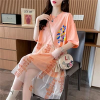 embroidered gauze summer korean style mid length loose short sleeved t shirt streetwear women fashion top flower ptinted tees