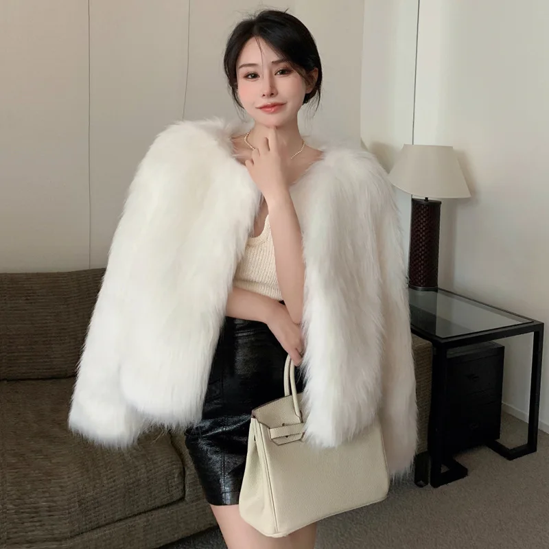 2022 Winter Faux  Fox Fur Grass Young Fur Coat Women's Luxury Short Fur Like Coat Sweet Girl Sky Blue Coats Fur Jacket