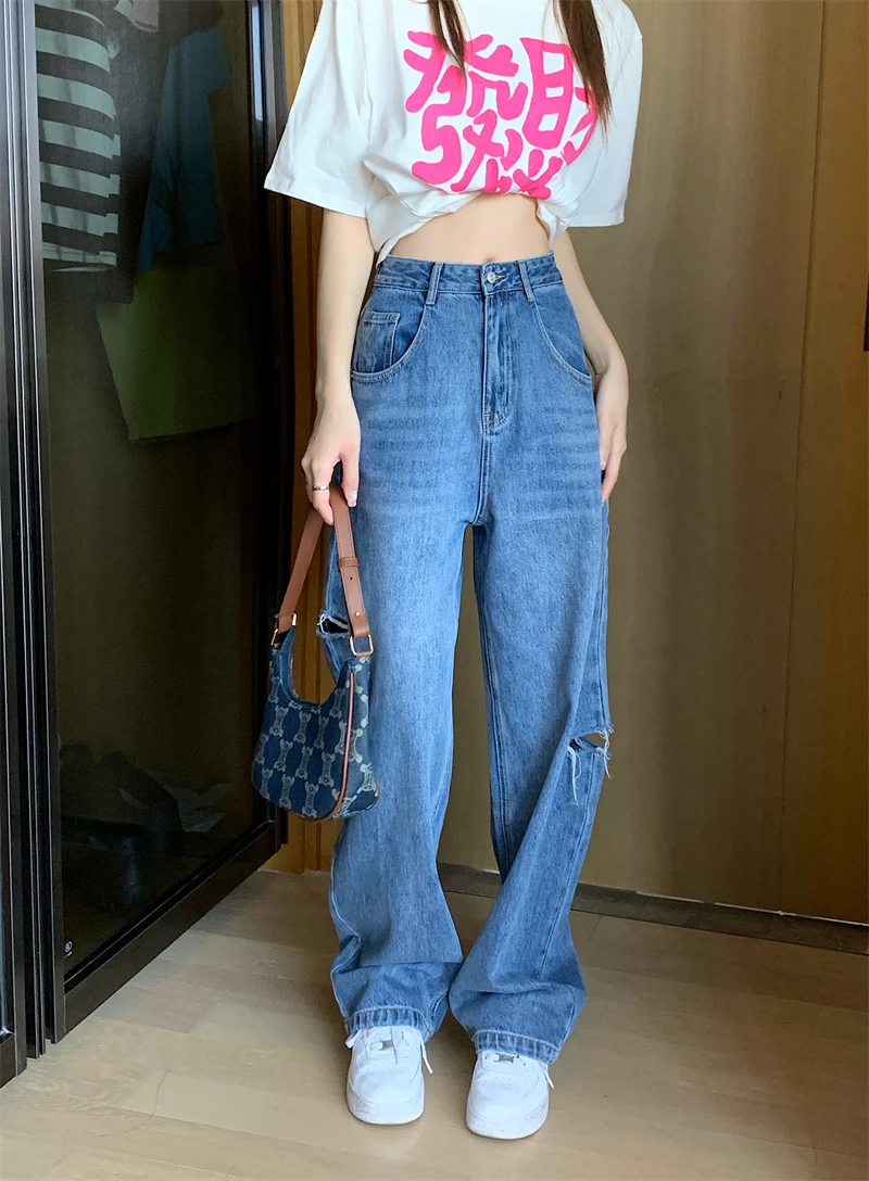 

N1074 New high-waisted slim all-match design loose light-colored ripped denim mopping pants women's jeans