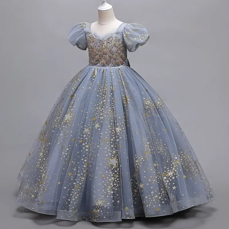 

Girls Gala Formal Occasion Luxury Festive Party Princess Dresses Elegant Gown 4 to 14 Years Children's Long Tulle Robe Clothes