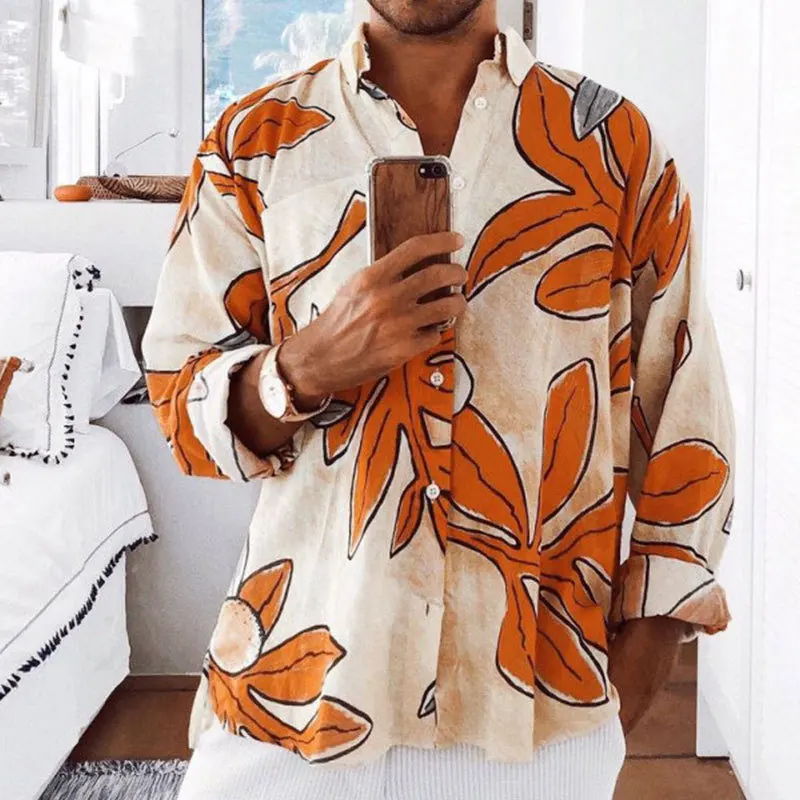 

Men Clothing 2022 Spring Summer New European American Men's Loose Casual Beach Holiday Printed Long -sleeved Shirt