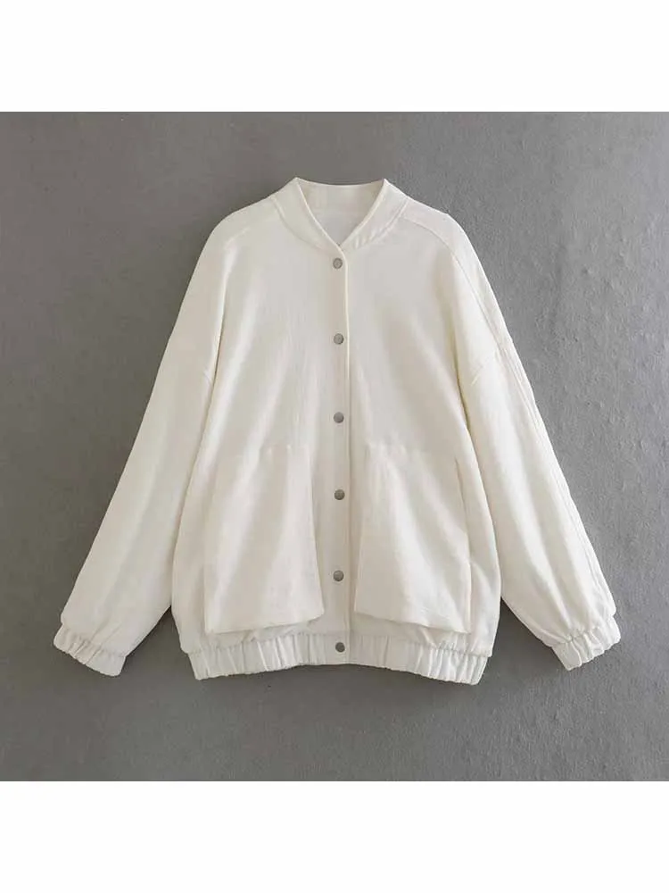 BSK&ZA&TRF Women 2023 New Fashion Linen loose flying Jacket Coat Long Sleeve pockets Female Outerwear Chic Overshirt  2712/013