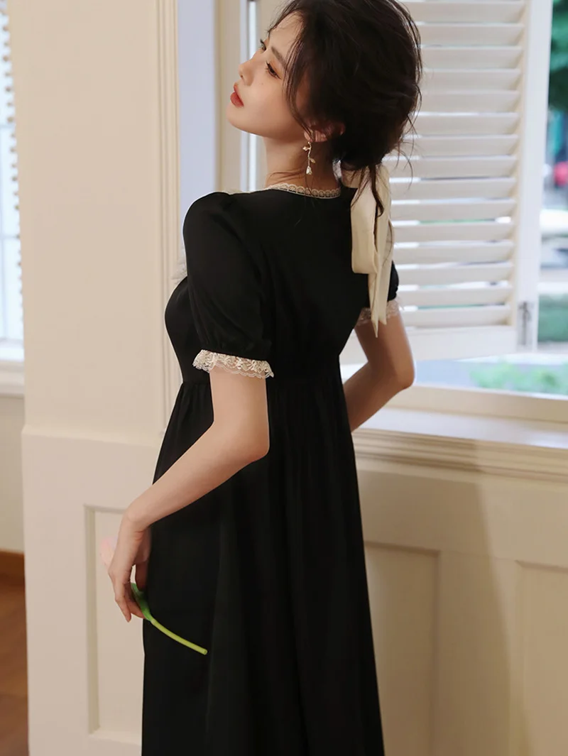 French Hepburn Nightgown for Women Summer Silk Nightgowns Ruffles Black Dress Sexy Lace Victorian Pajamas Sleepwear Homewear