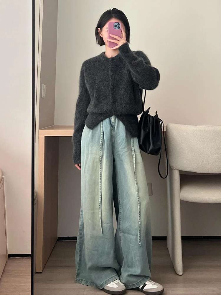 Женский свободный трикотажный свитер с длинным рукавом и круглым вырезом