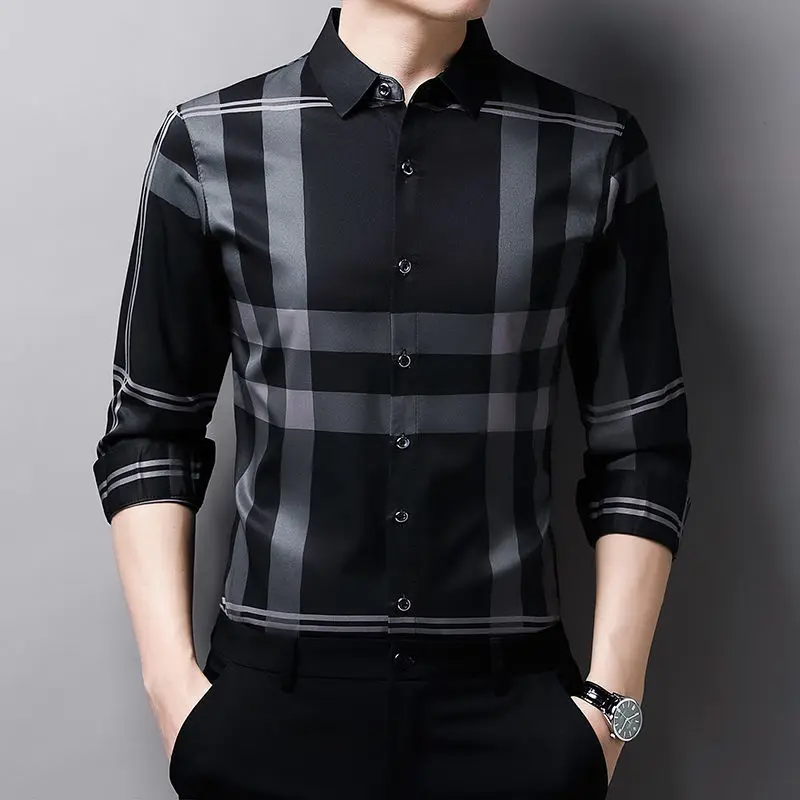 Fashion Lapel Button Loose Printed Lattice Shirt Men's Clothing 2022 Autumn New Oversized Casual Tops All-match Korean Shirts