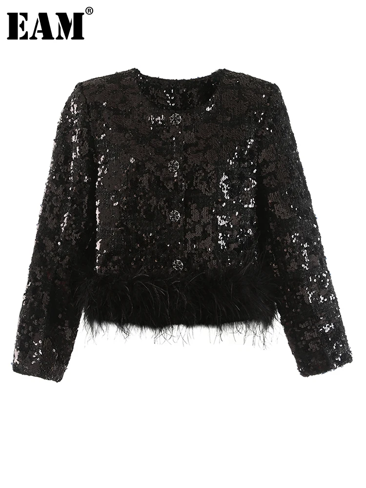 

[EAM] Loose Fit Black Feather Sequins Elegant Jacket New O-neck Long Sleeve Women Coat Fashion Tide Spring Autumn 2023 1DF2823