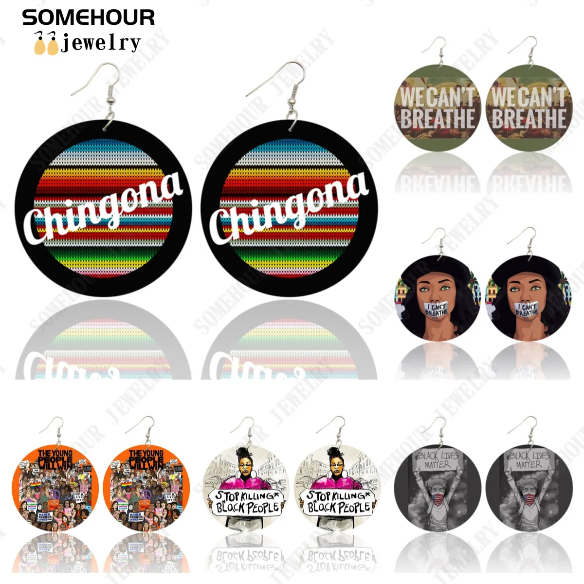 

SOMEHOUR America African Powerful Wooden Drop Earrings Black Lives Matters Arts Printed Chingona Big Round Dangle For Women Gift