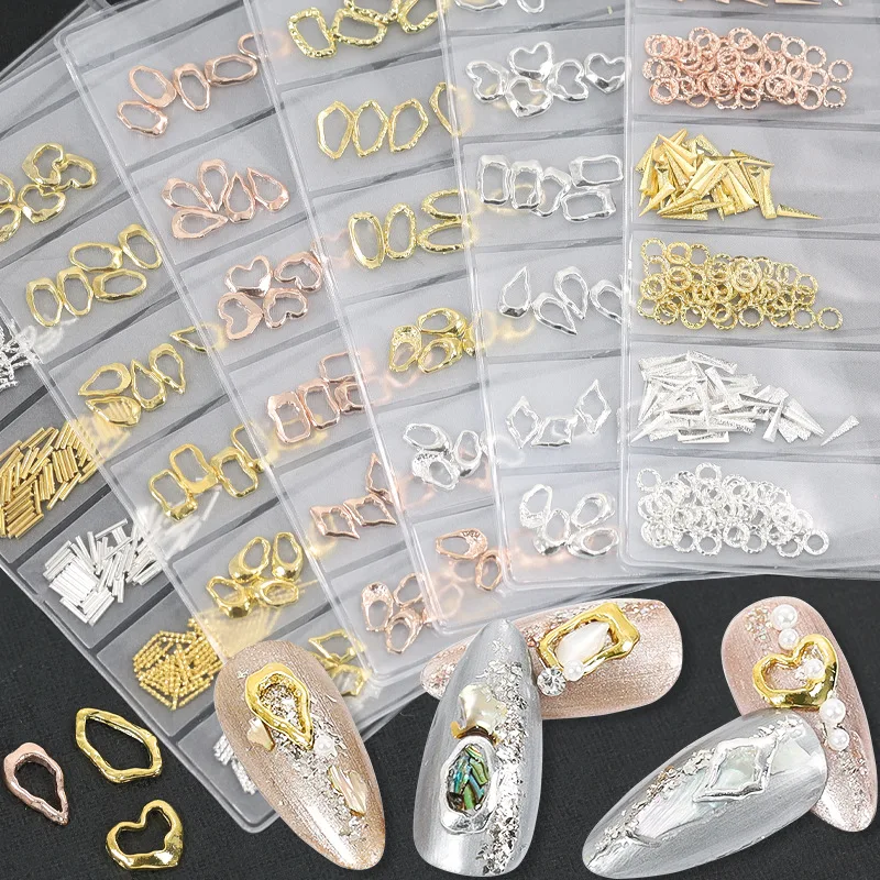 

Mix 6 Shapes Various Curved Bar Irregular Metal Heart Frame Leaf Frosted Studs Alloy Nail Art Rhinestone Ornaments Tips DIY
