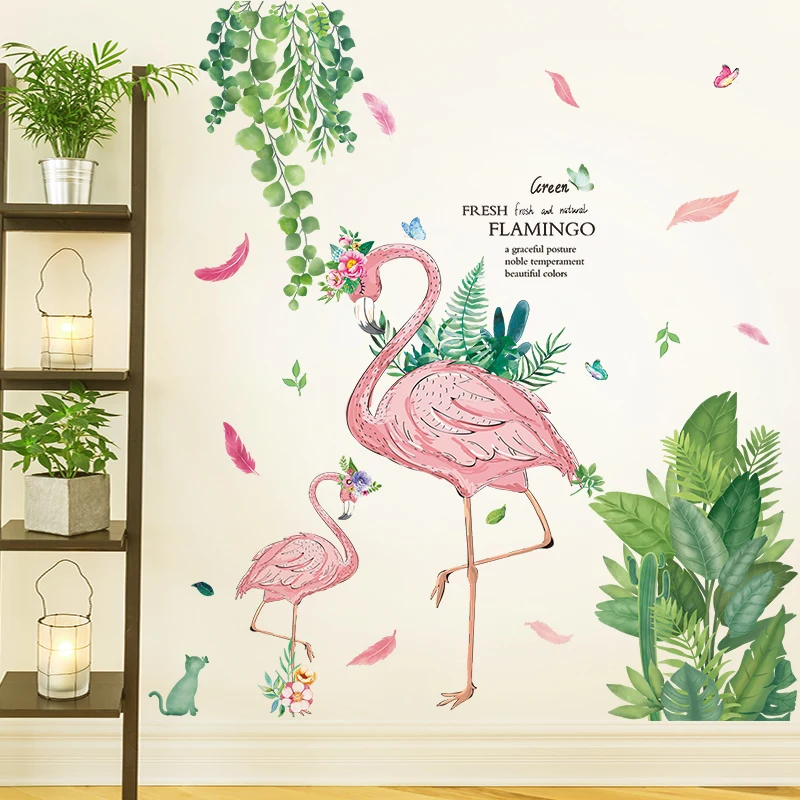 

[shijuekongjian] Green Plants Wall Stickers DIY Flamingo Animal Wall Decals for Kids Room Baby Bedroom Kitchen Home Decoration