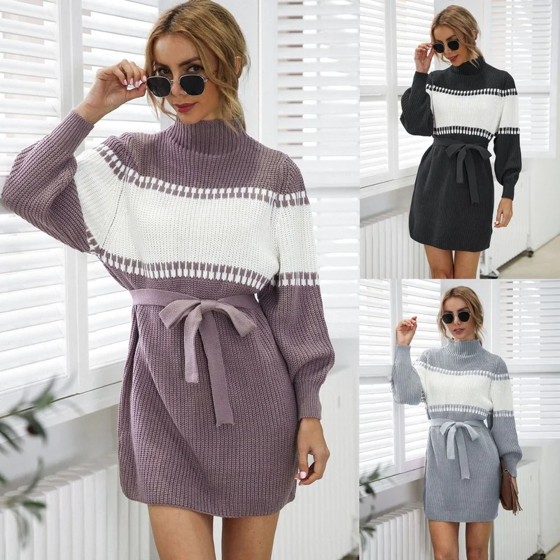 

Autumn and Winter New Knitted Dress Half Turtleneck Ladies Skirt Lantern Sleeve Color Block Sweater