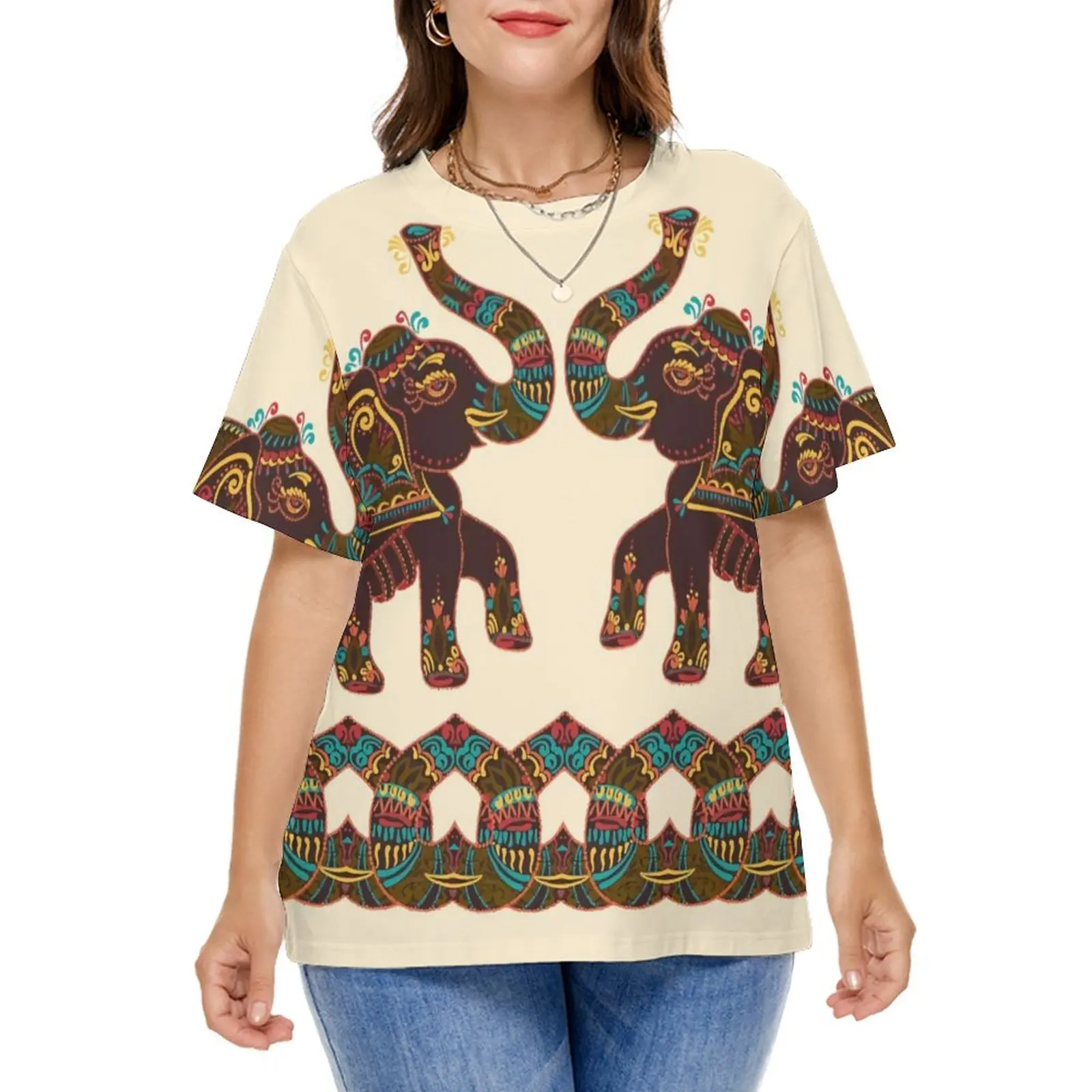 Indian Elephant Art T Shirt Colorful Floral Print Retro T-Shirts Short Sleeve Street Wear Tee Shirt Summer Tees Plus Size 8XL
