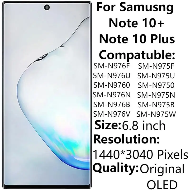 

ЖК-дисплей с рамкой для Samsung Note10 Plus/Note 10, сенсорный OLED-экран 6,8 дюйма с дигитайзером в сборе, оригинал, N975F, N976F