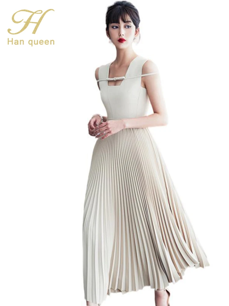 

Летнее элегантное винтажное платье H Han Queen без рукавов, Женские Простые Офисные платья, трапециевидные плиссированные повседневные юбки