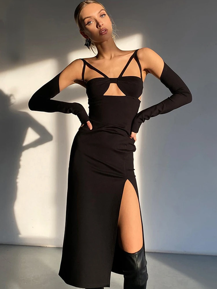 

Sexy Backless Cut Out High Slit Black Midi Dress for Women 2022 Summer Y2K Long Sleeve Party Club Dresses High Street Outfits