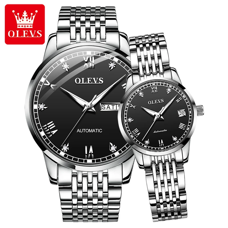 OELVS Brand Couple Watch Luxury Automatic Mechanical Watch Stainless Steel Waterproof Business Clock with Week Date Couple Gift